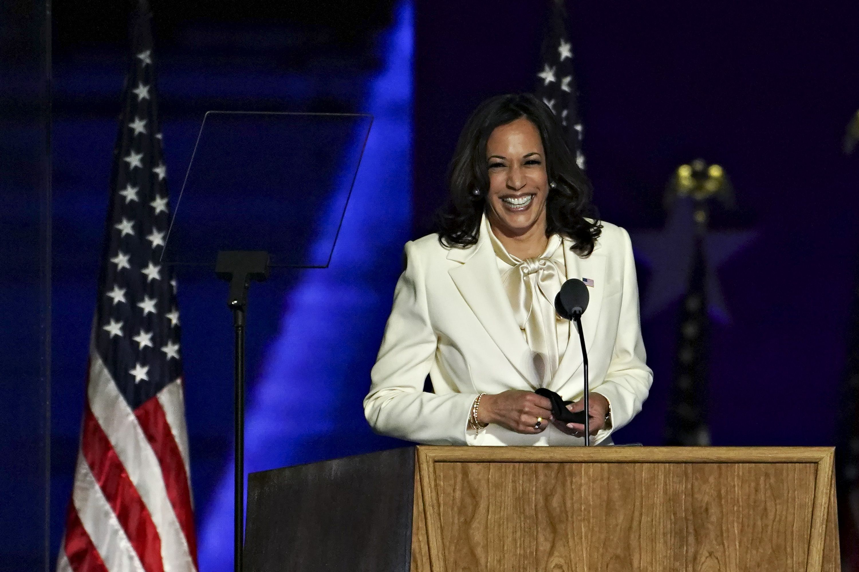 Kamala Harris delivered her first speech as US vice president-elect on Saturday night in an all-white suit, paying homage to suffragettes of the 20th century who worked to get women the right to vote in the United States.