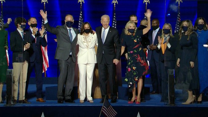 President-elect Joe Biden and Vice-President-elect Kamala Harris were joined on stage following their speeches in Wilmington, Delaware, tonight by their families.