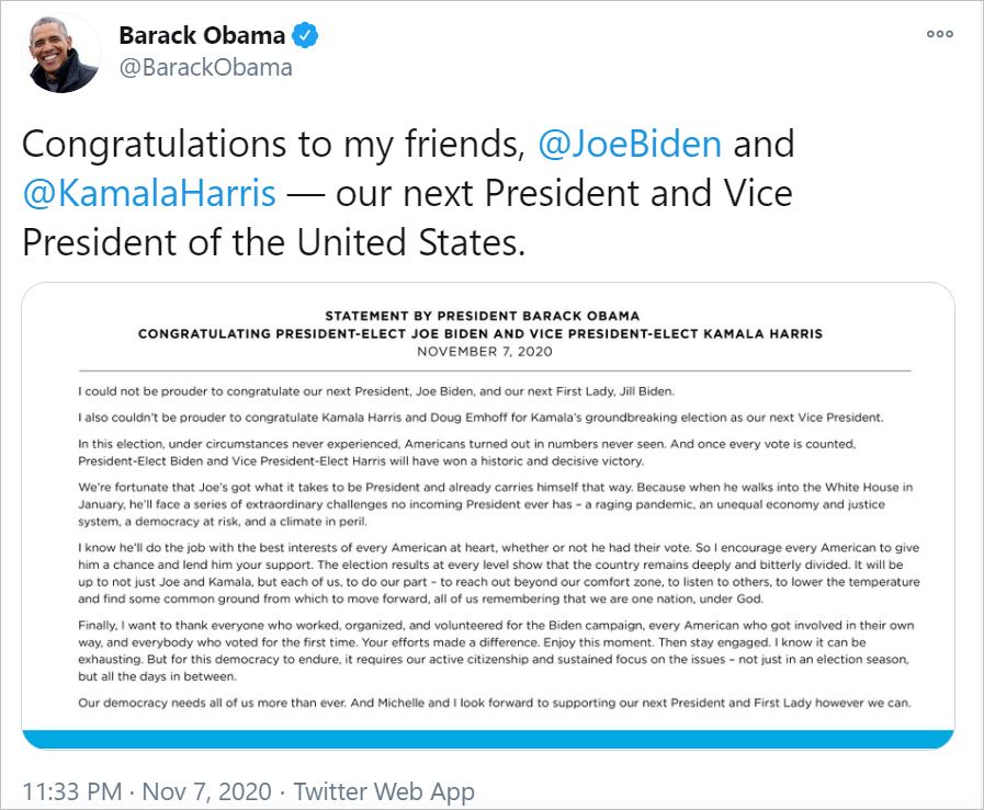 Barack Obama congratulates Joe Biden and Kamala Harris