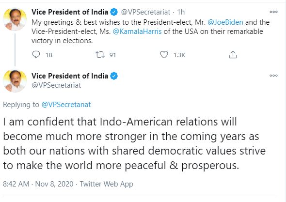 പ്രസിഡൻ്റായി തെരഞ്ഞെടുക്കപ്പെട്ട ജൊ ബൈഡെൻ  വൈസ് പ്രസിഡൻ്റായി തെരഞ്ഞെടുക്കപ്പെട്ട കമല ഹാരിസ്  വെങ്കയ്യ നായ്‌ഡു  ട്വീറ്റ്  ന്യൂഡൽഹി  Naidu greets Biden Harris  remarkable win in US polls