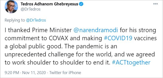 WHO chief Tedros thanks PM Modi for strong commitment to Covid vaccine