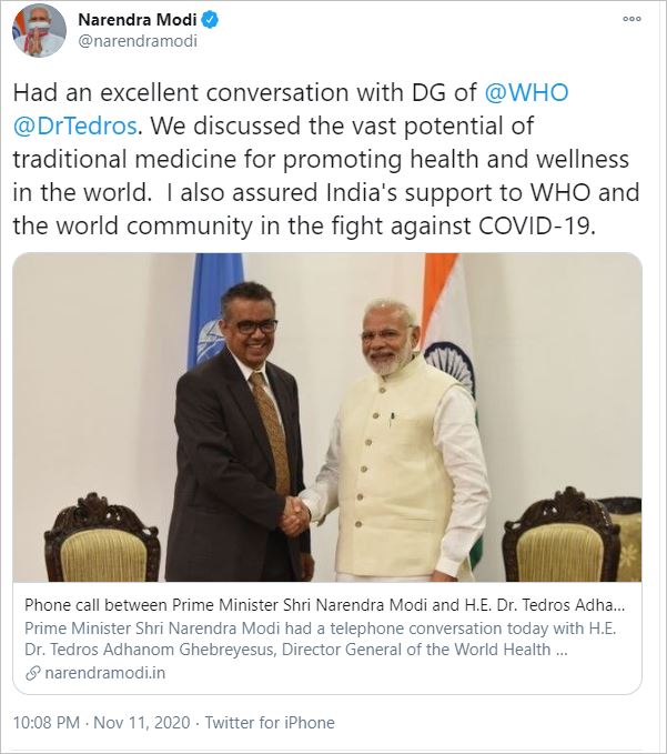 WHO chief Tedros thanks PM Modi for strong commitment to Covid vaccine