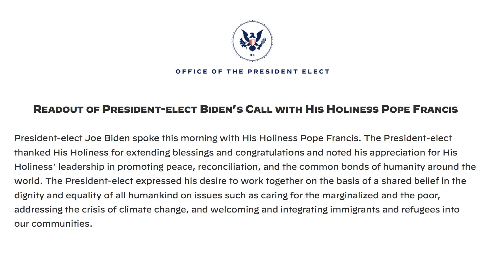 Pope Francis congratulates US President-elect Joe Biden, offers blessings