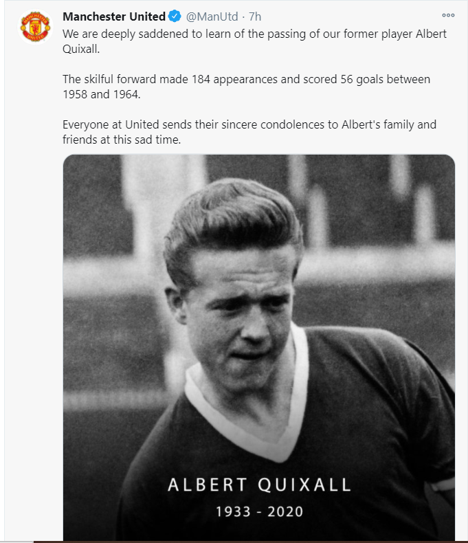 Former Manchester United Striker Albert Quixall Passes Away At 87