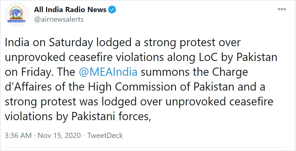 India summons Pakistan Charge d'Affaires, lodges strong protest over ceasefire violations, condemns deliberate targeting of civilians