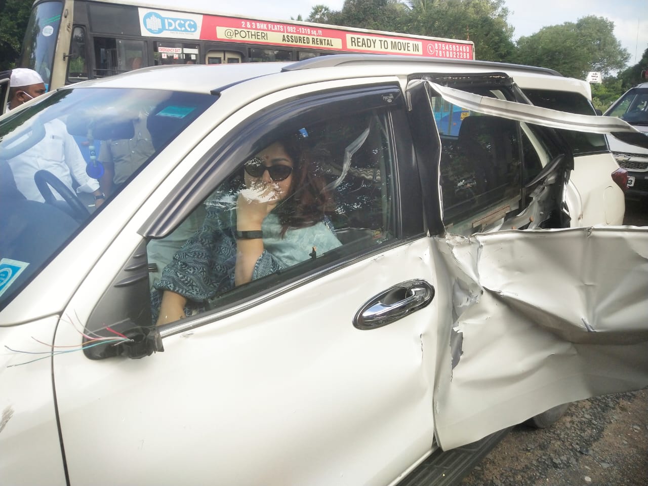 Close shave for BJP's Khushbu as tanker rams into her car