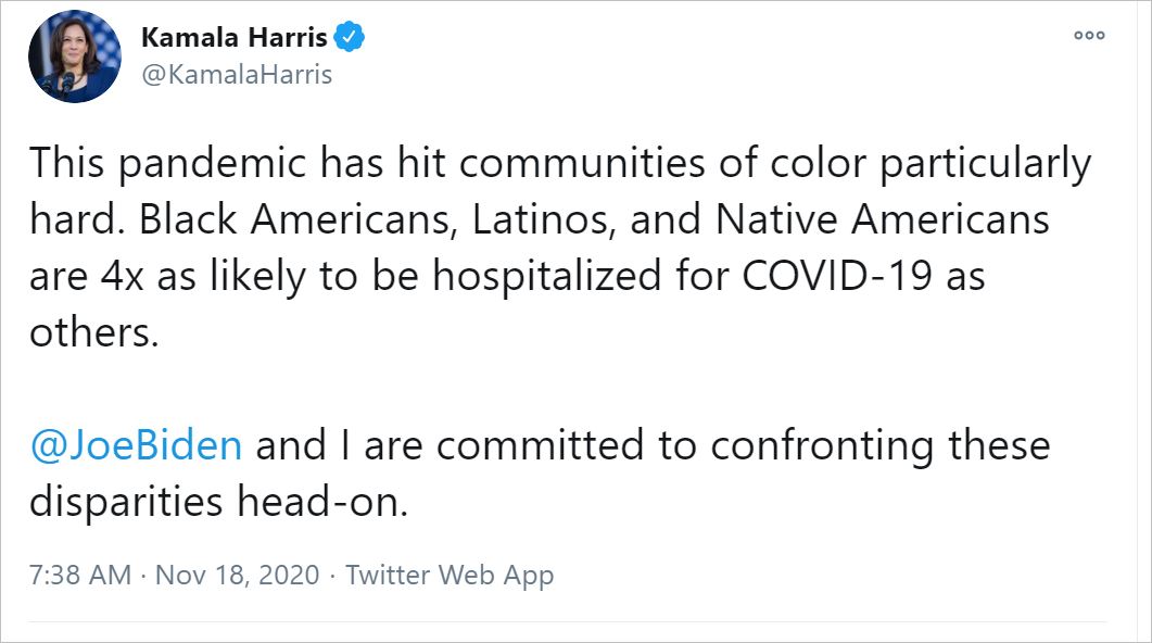 Communities of colour four times more likely to be hospitalised for COVID-19, says Kamala Harris