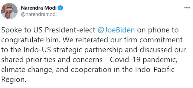 વડાપ્રધાન નરેન્દ્ર મોદીએ અમેરિકાના નવ નિયુક્ત રાષ્ટ્રપતિ બાઈડેન સાથે કરી વાત