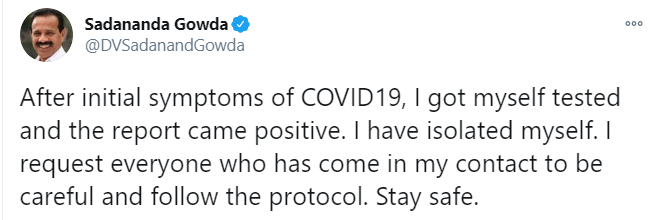 Union Minister for Chemicals & Fertilizers Sadananda Gowda tests positive for #COVID19