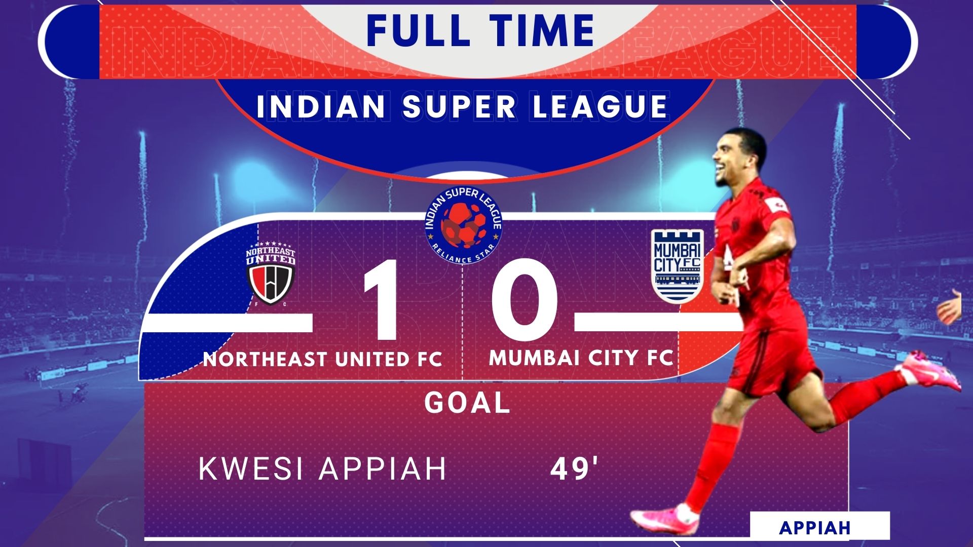 NorthEast United FC beat Mumbai City FC 1-0.