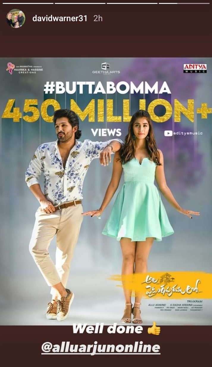 'butta bomma' song crosses 450 million views, cricketer warner insta post