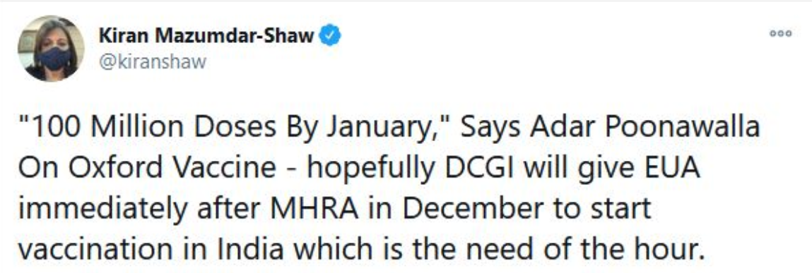 Hopefully DCGI will give EUA for Oxford's vaccine immediately after MHRA nod: Mazumdar-Shaw