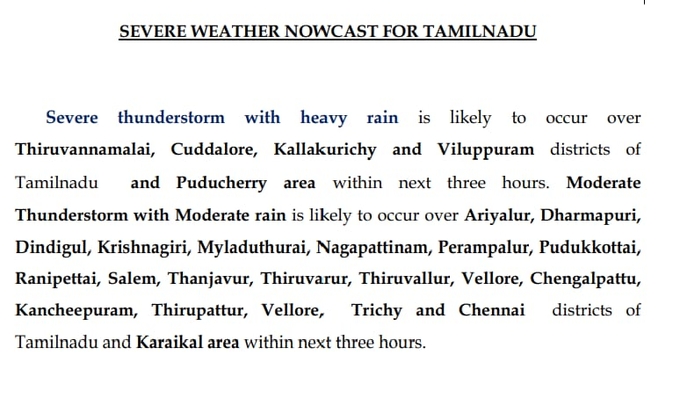 Weather warning issued for Tamil Nadu
