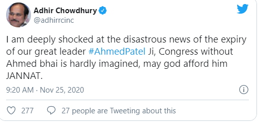 Adhir Chowdhury condoles the death of Ahmed Patel