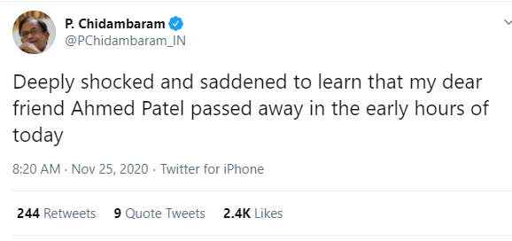 P Chidambaram expresses condolences