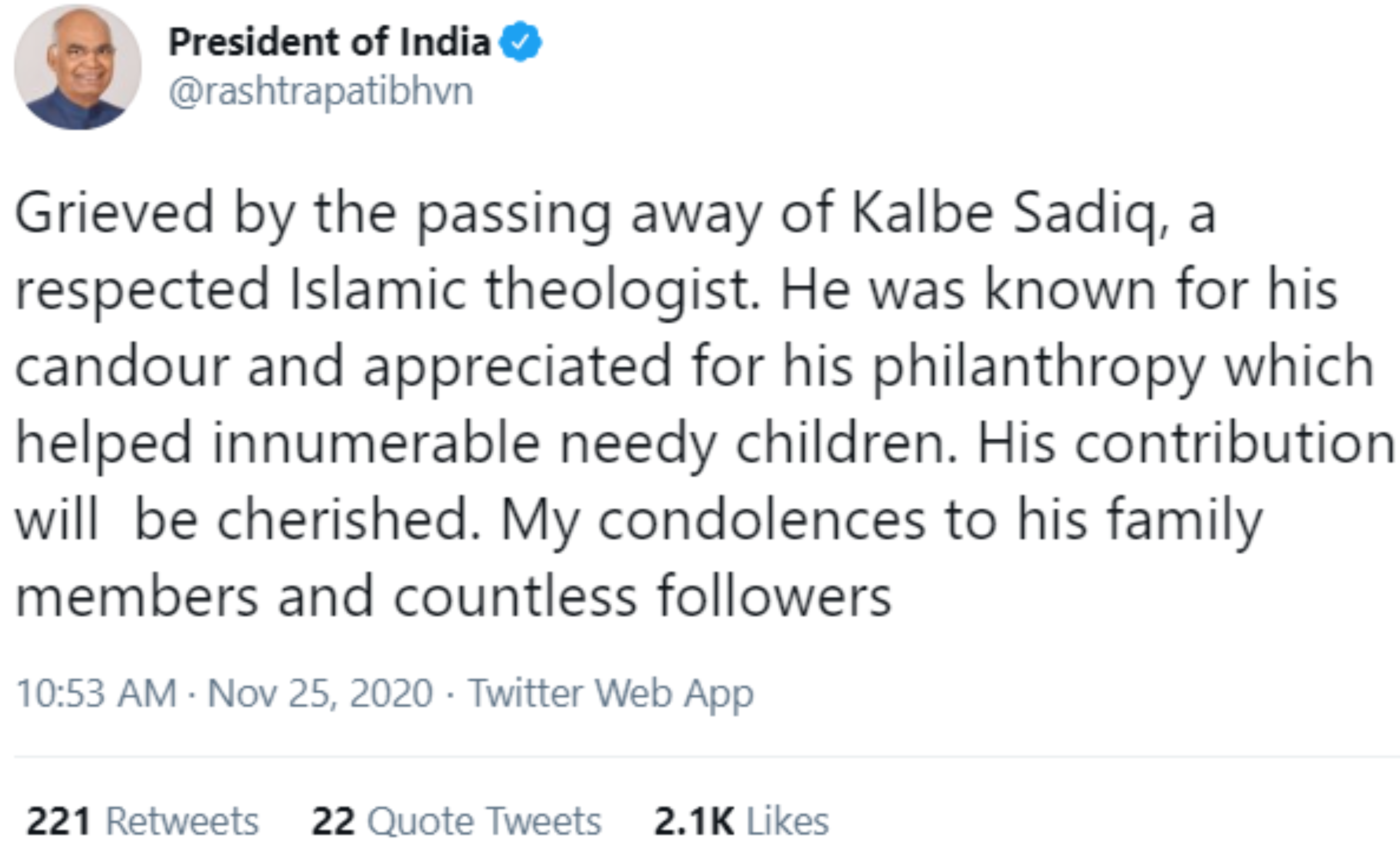 president ramnath kovind condoles demise of dr kalbe sadiq