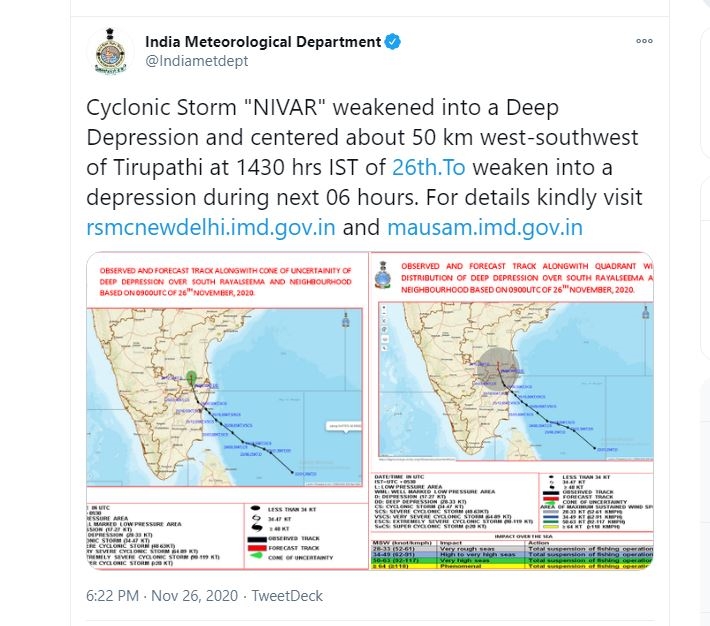 चक्रवाती तूफान 'निवार' कमजोर पड़ा