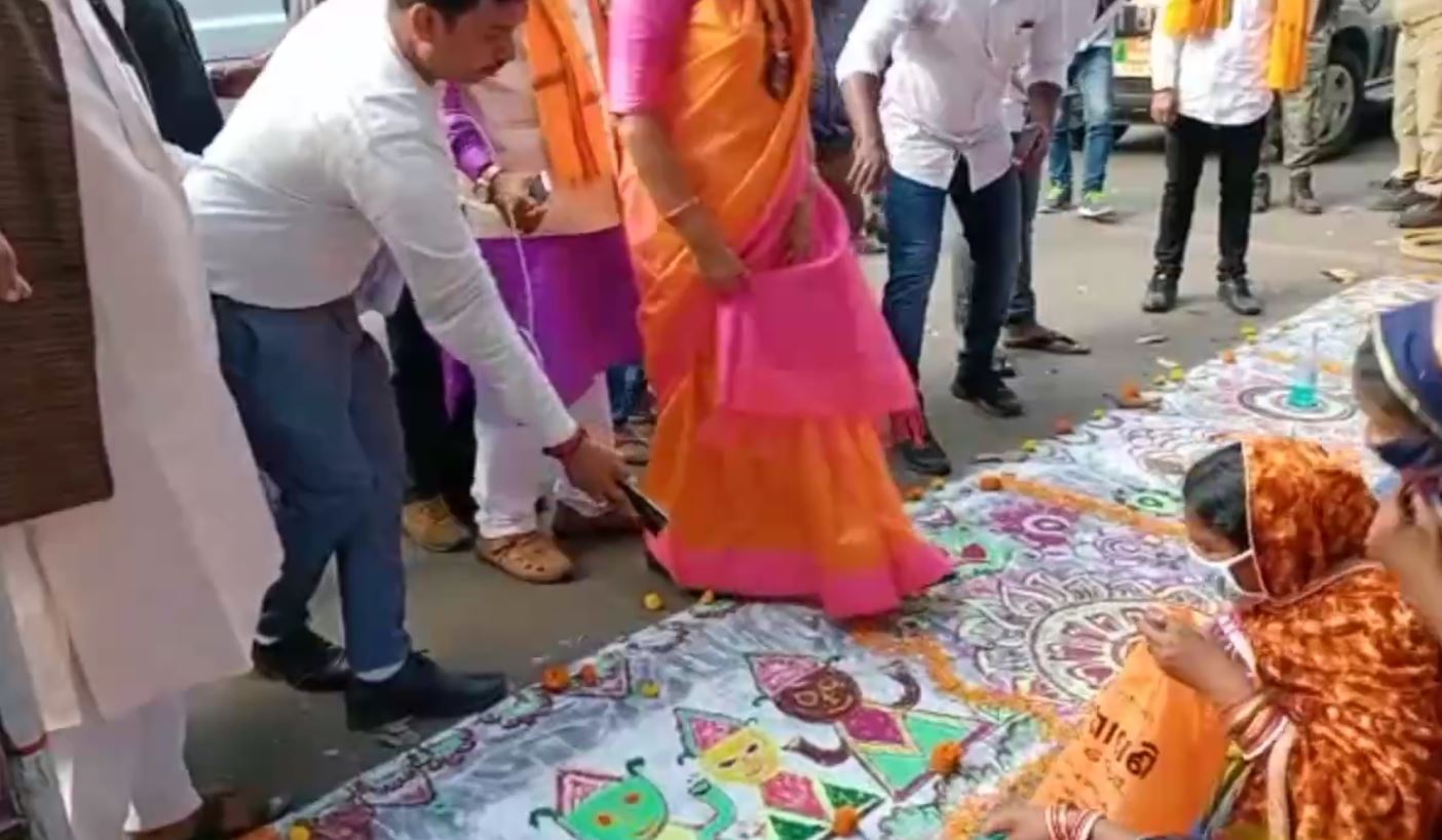 BBSR MP Aparajita sarangi getting in trouble after stepped into jagannath rangoli