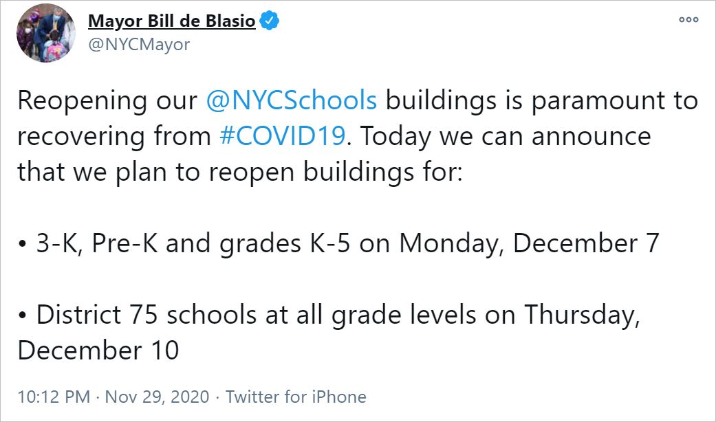 New York Public schools to reopen starting December seven