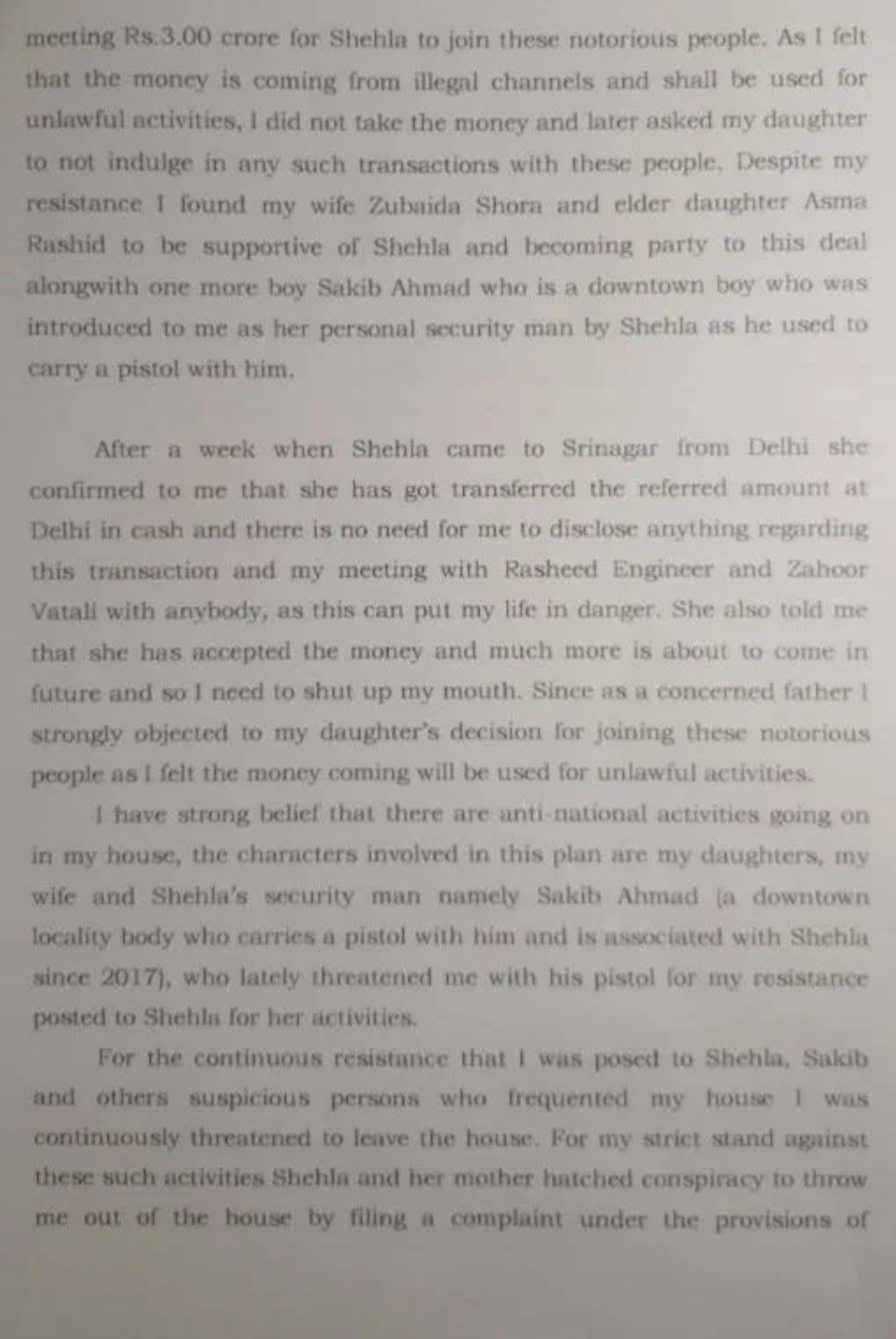 Letter written by Shehla Rashid's father to DGP