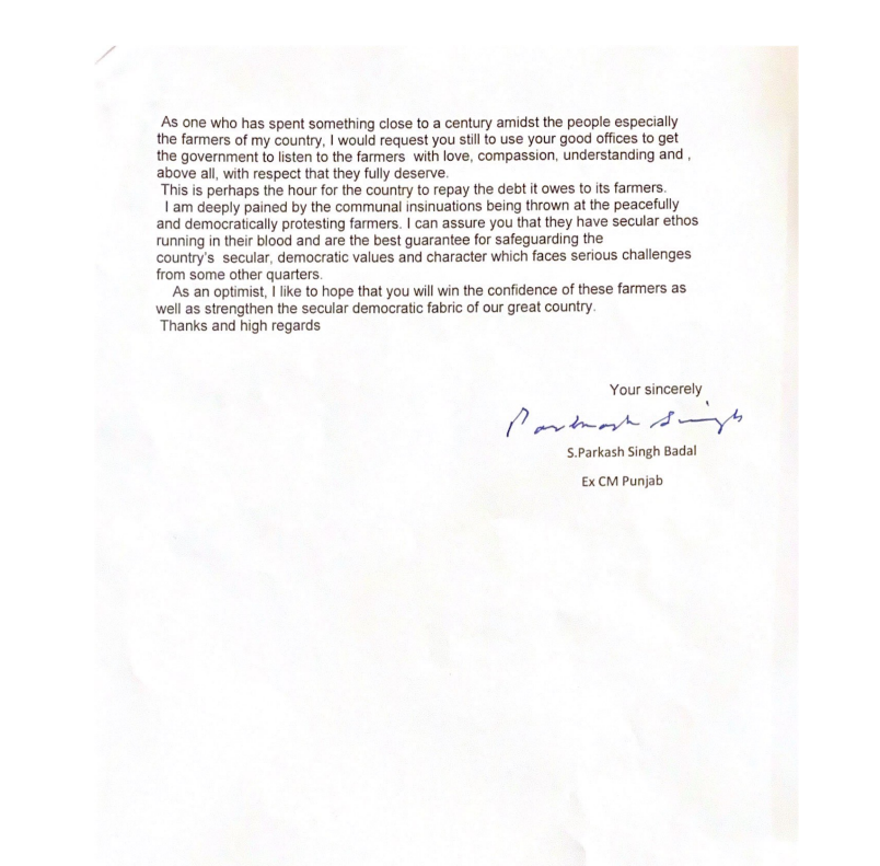 The full text of Parkash Singh Badal's letter