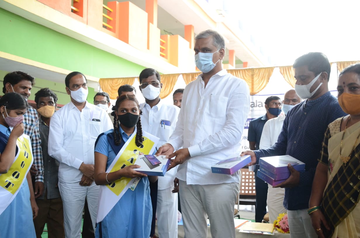 tabs distributed by minister harish rao at indira nagar government school in siddipeta