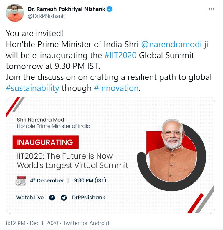 PM to deliver keynote address at IIT 2020 Global Summit