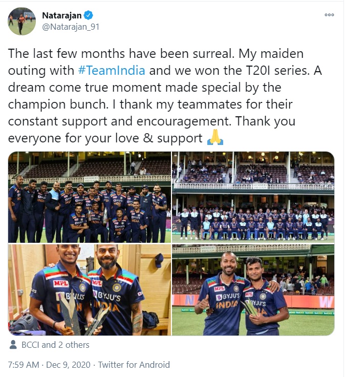 nataraj tweet about series win