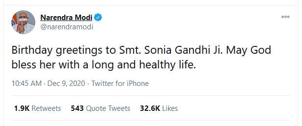 PM Modi greets Cong chief Sonia Gandhi on her birthday