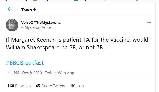 Shakespeare after Margaret taken corona vaccine