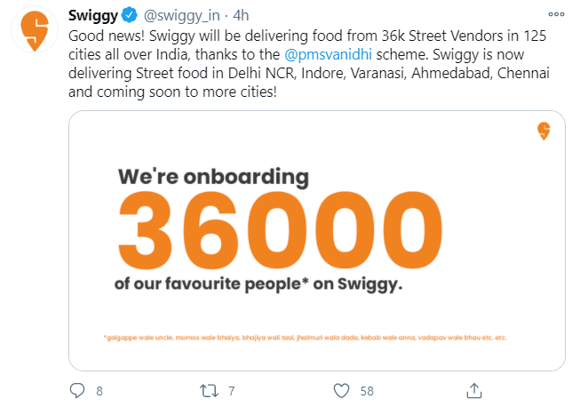 Swiggy to add 36 thousand street-vendors under Prime Minister Swanidhi Yojana