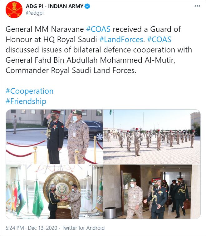 Gen. Naravane holds talks with Saudi generals; discusses ways to enhance defence cooperation