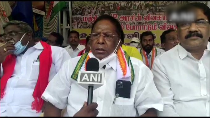 Puducherry Chief Minister V Narayanasamy during one-day hunger strike in support of farmers