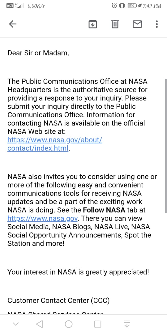 NASA ৰ প্ৰত্যুত্তৰ