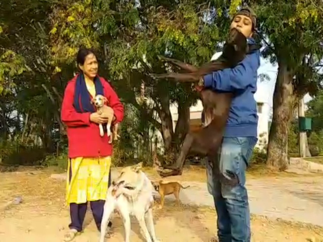 Chitradurga resident Padmavati serving food to Street dogs