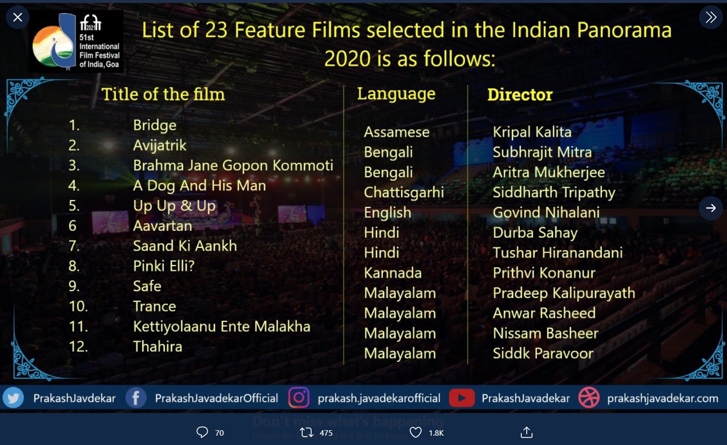 43 films including 'Sand Ki Aankh', 'Chhichore', Marathi 'Pravas' in Iffi