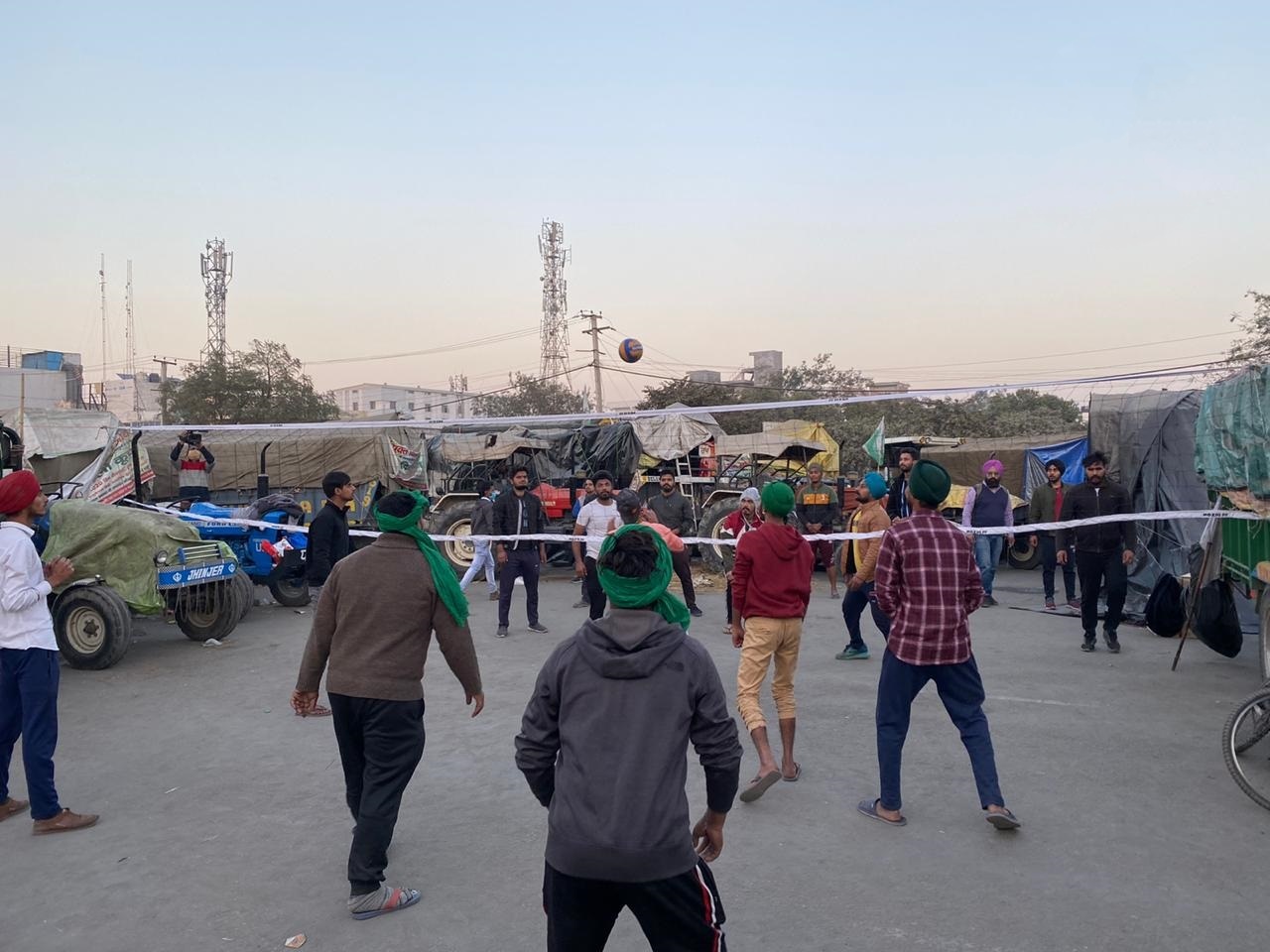 Volleyball court comes up at Singhu border (Delhi-Haryana border) where farmers continue to protest against the three farm laws.