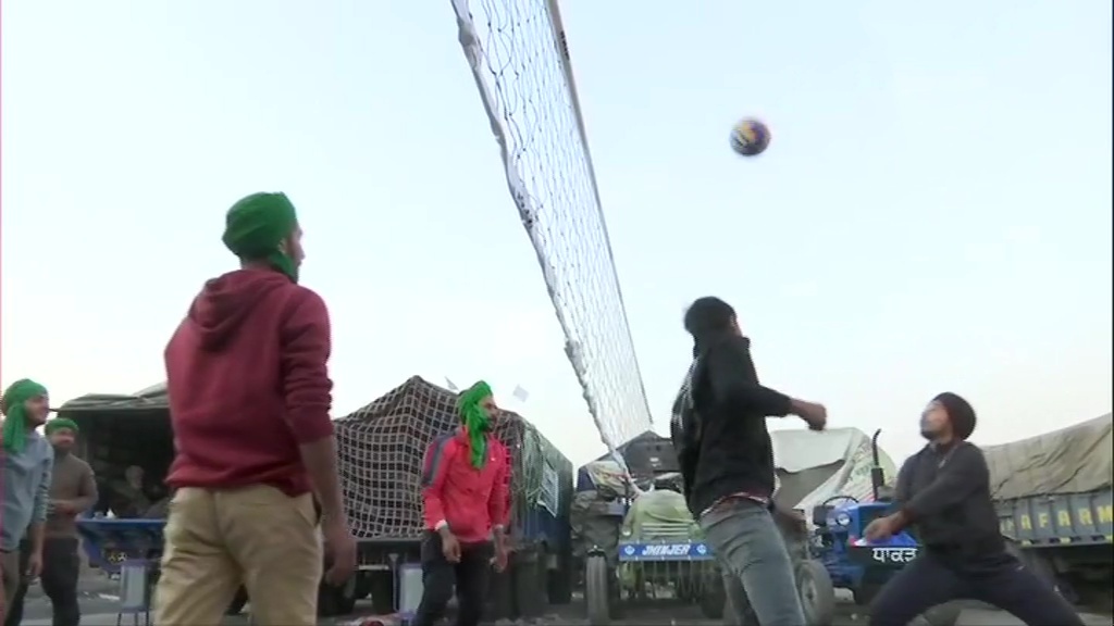 Volleyball court comes up at Singhu border (Delhi-Haryana border) where farmers continue to protest against the three farm laws.