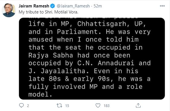 Congress leader Jairam Ramesh expresses his condolence over Vora's demise.