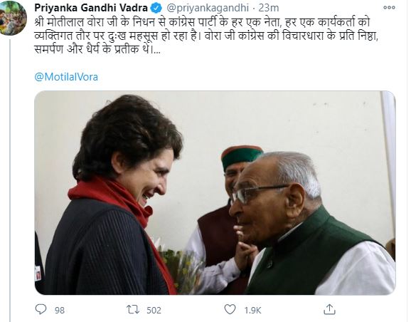 Congress leader Priyanka Gandhi expresses her grief over Vora's demise.