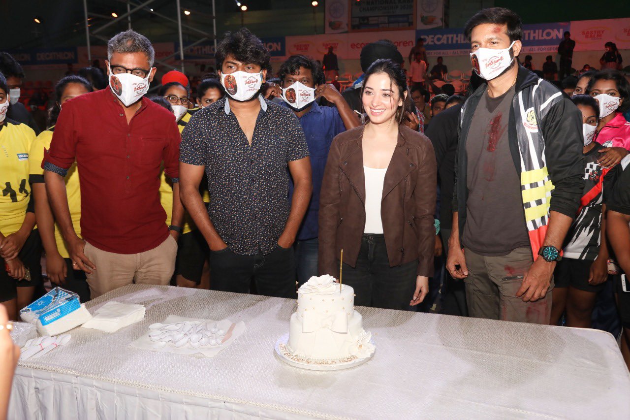 actress tamanna birthday celebration at 'seetimaarr' set