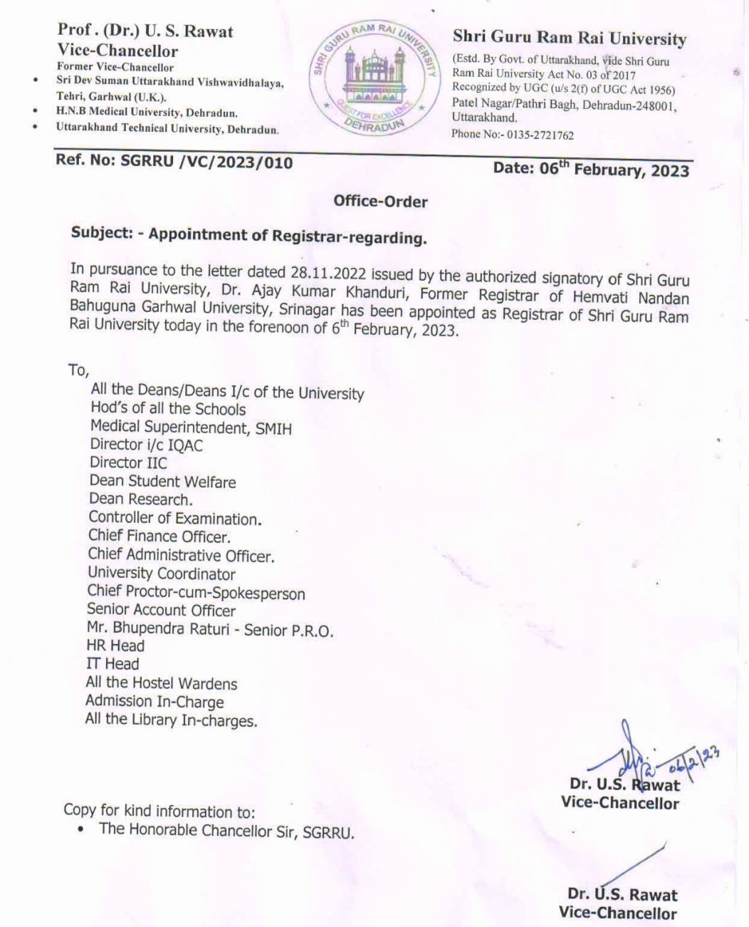 Ajay Kumar Khanduri Appointed As Registrar SGRR University