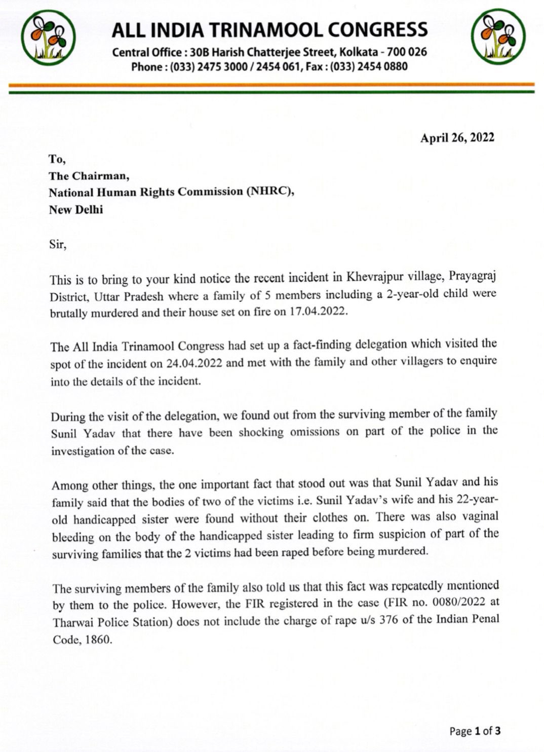 tmc-writes-letter-to-nhrc-on-prayagraj-incident