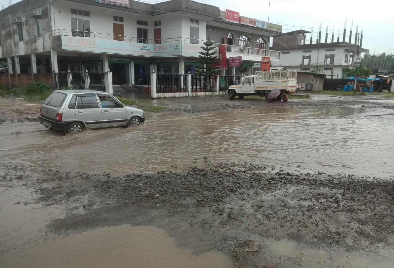 Bad condition of NH 37 in Moran