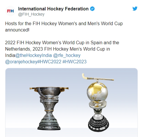 ભારત 2023 FIH પુરુષ હોકી વિશ્વકપની યજમાની કરશે