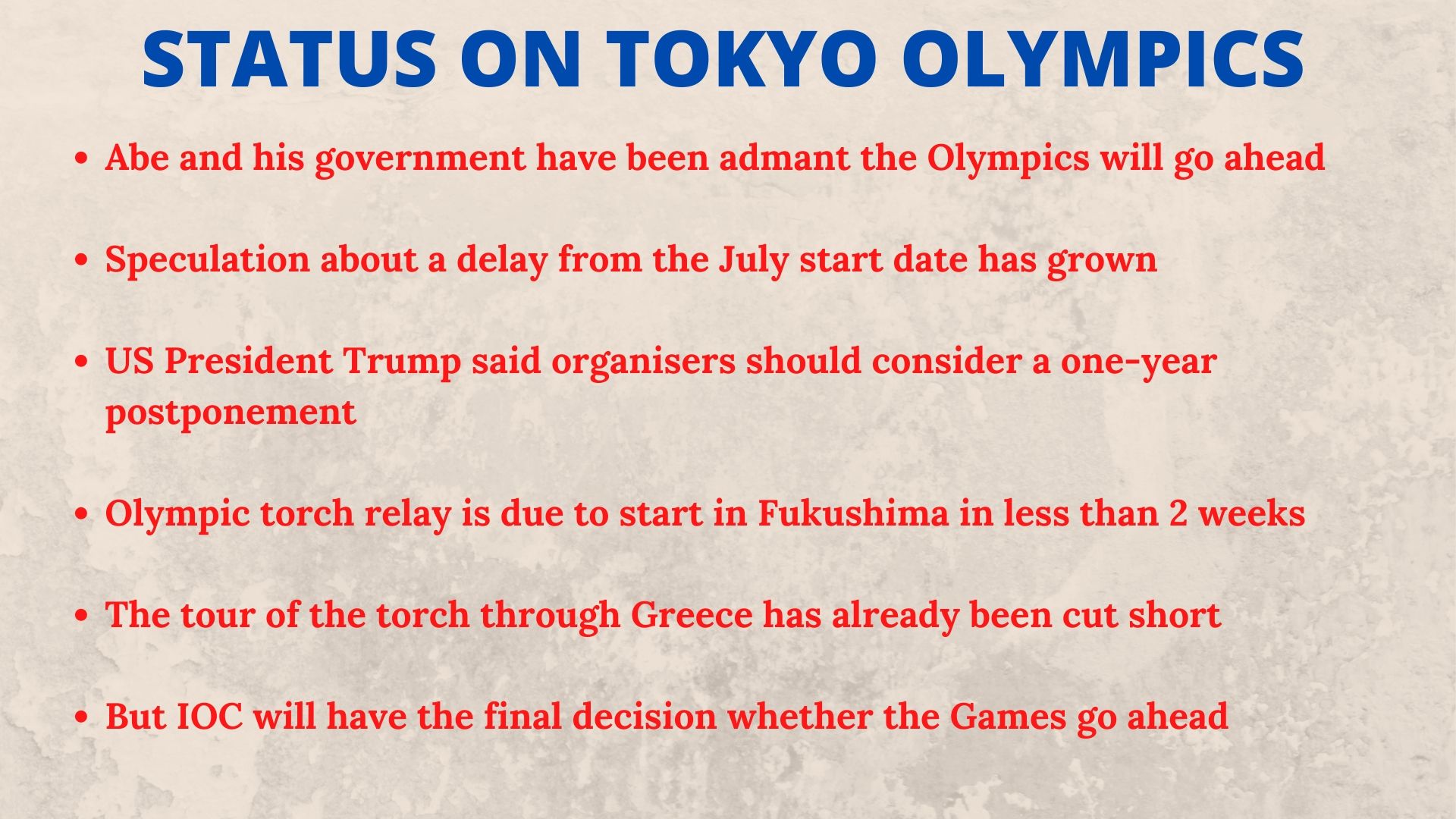 Due to COVID-19 pandemic 2020 Olympics schedule could be altered.