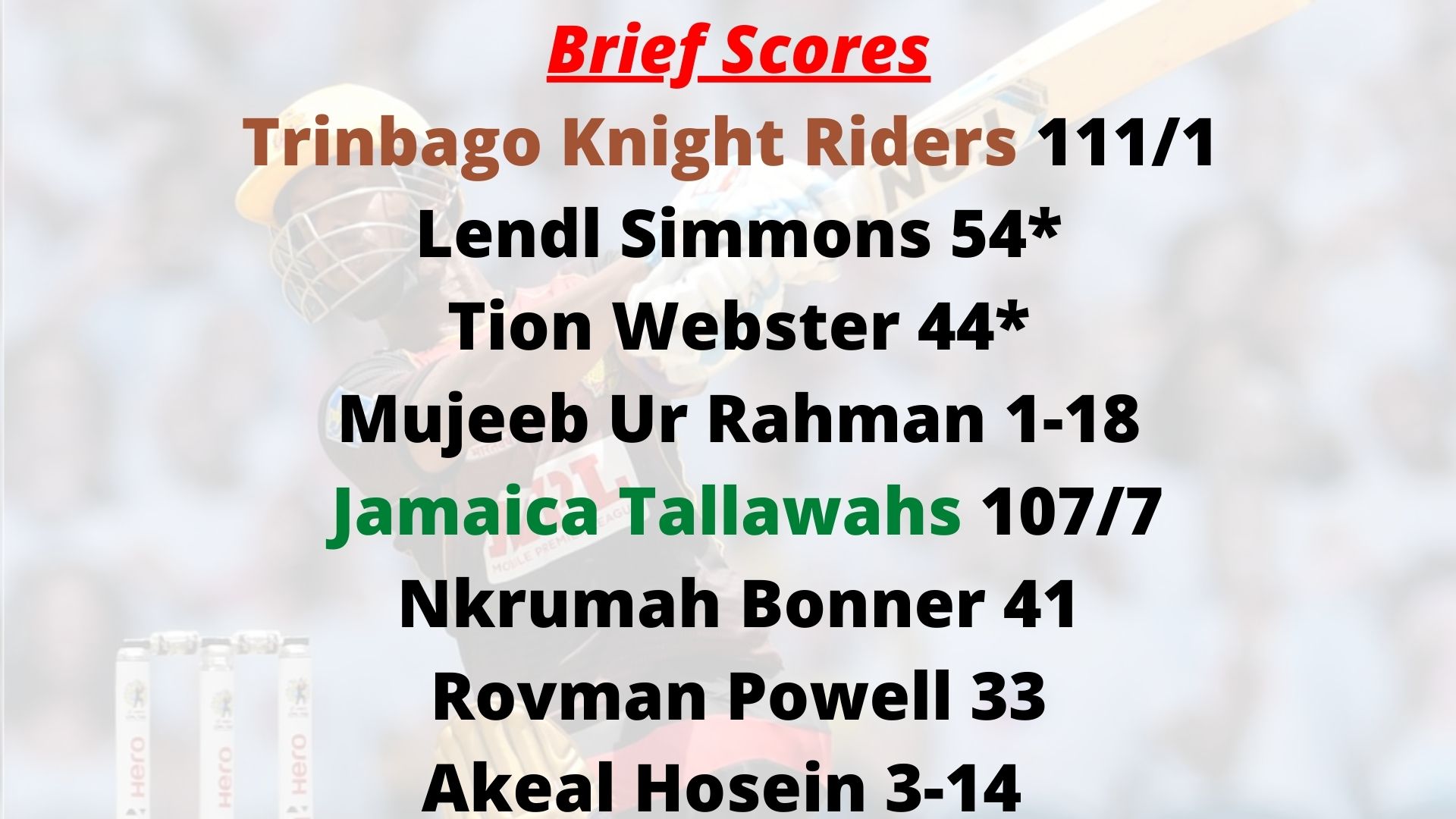 Tarouba, Lendl Simmons, Trinbago Knight Riders, Jamaica Tallawahs, Caribbean Premier League