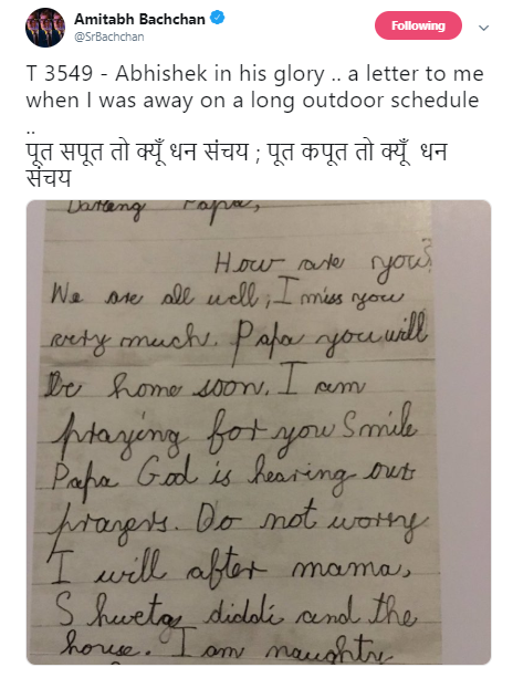 Big B shares letter by child Abhishek