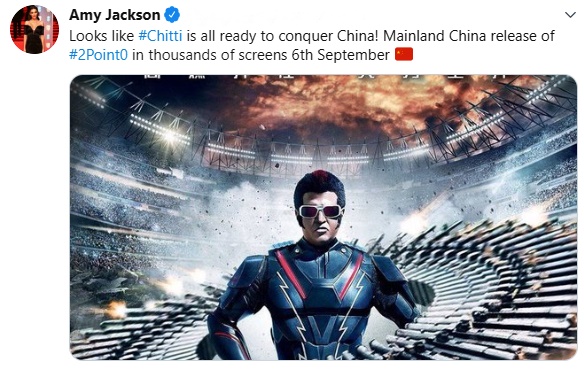 Actress Amy jackson tweet on #2Point0 china release