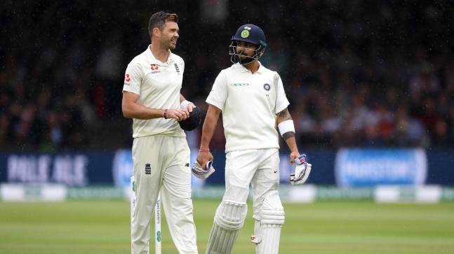 James Anderson and Virat Kohli during a Test match between England and India.